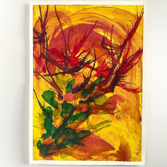 Desert Cactus Original Acrylic Inks Wall Art Painting 11x15in Red Green Yellow